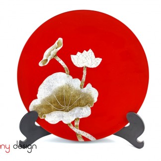 Red round lacquer plate attached with eggshell lotus included with stand 30 cm